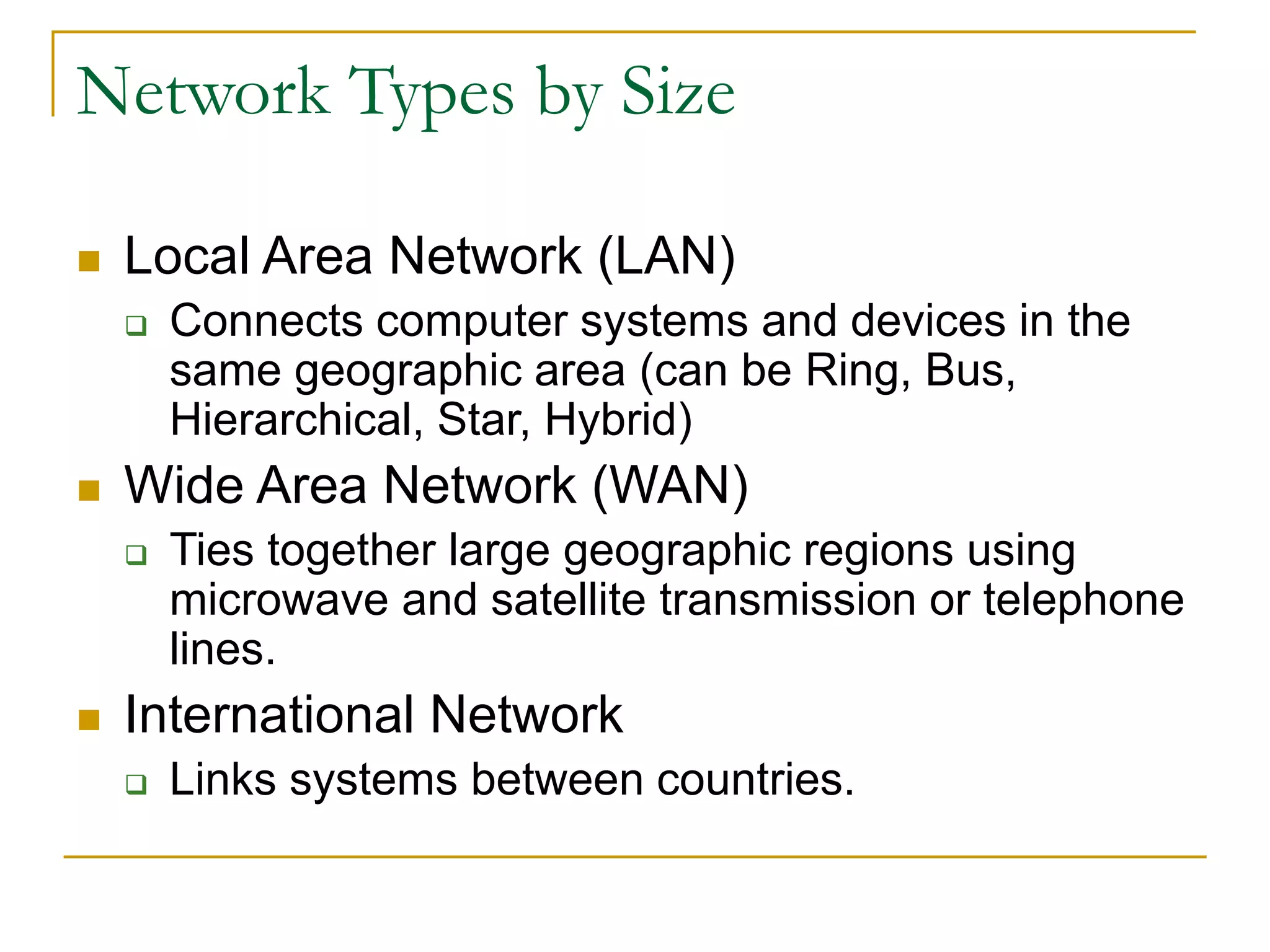 27
Network Types by Size
 Local Area Network (LAN)
 Connects computer systems and devices in the
same geographic area (can be Ring, Bus,
Hierarchical, Star, Hybrid)
 Wide Area Network (WAN)
 Ties together large geographic regions using
microwave and satellite transmission or telephone
lines.
 International Network
 Links systems between countries.
 