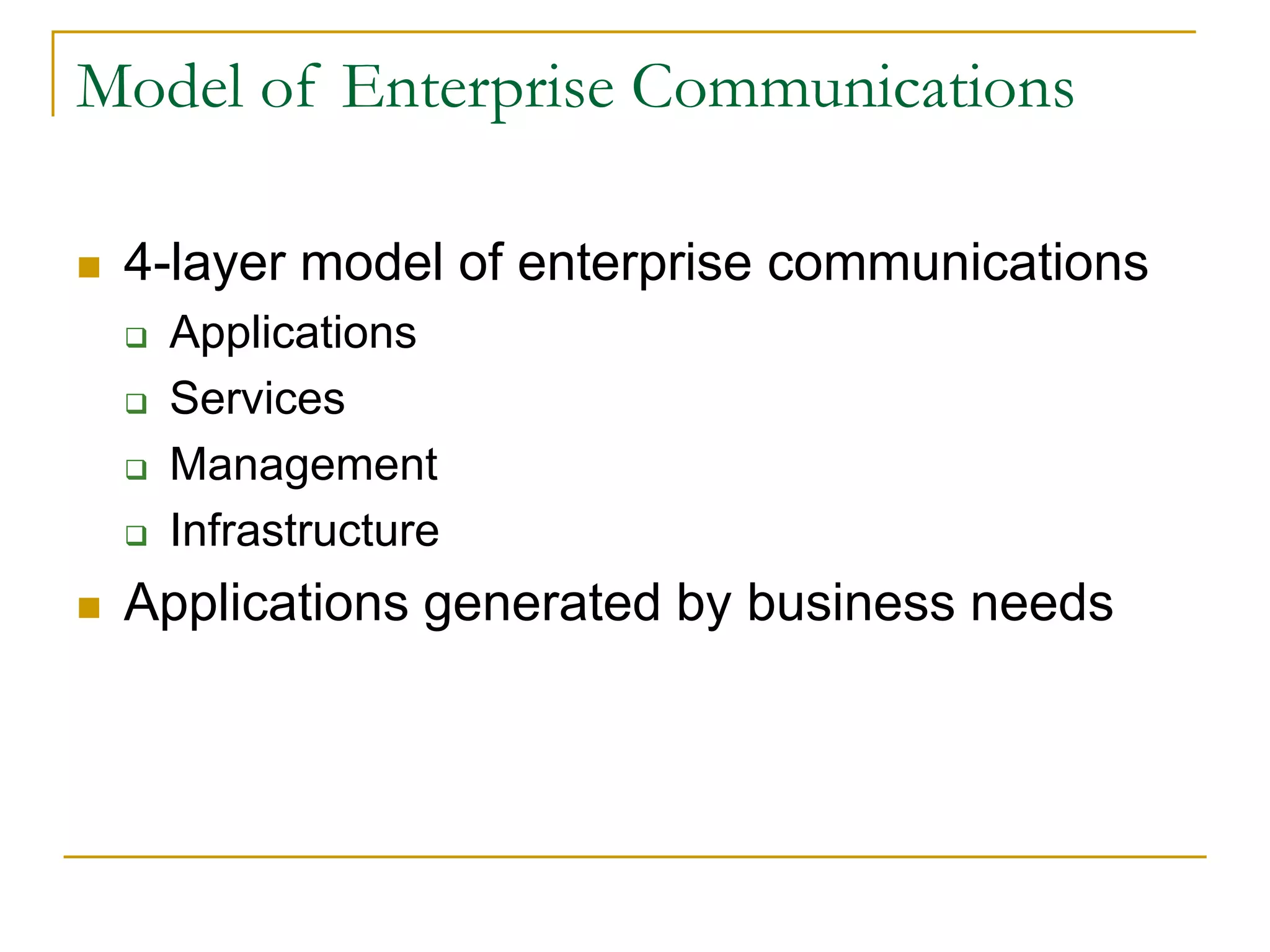 Model of Enterprise Communications
 4-layer model of enterprise communications
 Applications
 Services
 Management
 Infrastructure
 Applications generated by business needs
 