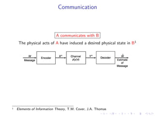 Communication
A communicates with B
The physical acts of A have induced a desired physical state in B1
1 Elements of Information Theory, T.M. Cover, J.A. Thomas
 