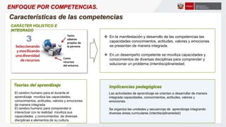  En la manifestación y desarrollo de las competencias las
capacidades conocimientos, actitudes, valores y emociones
se presentan de manera integrada.
 En un desempeño competente se moviliza capacidades y
conocimientos de diversas disciplinas para comprender y
solucionar un problema (interdisciplinariedad.
CARÁCTER HOLISTICO E
INTEGRADO
El cerebro humano para el durante el
aprendizaje moviliza las capacidades,
conocimientos, actitudes, valores y emociones
de manera integrada
El cerebro humano para comprender e
interactuar con la realidad moviliza sus
capacidades y conocimientos de diversas
disciplinas e elementos de su cultura.
Teorías del aprendizaje Implicancias pedagógicas
Las actividades de aprendizaje se orientan a desarrollar de manera
integrada capacidades, conocimientos, actitudes, valores y
emociones.
Se organiza las unidades y secuencias de aprendizaje integrando
diversas áreas curriculares (interdisciplinariedad)
Características de las competencias
ENFOQUE POR COMPETENCIAS.
 
