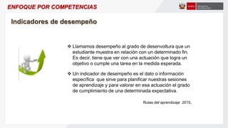  Llamamos desempeño al grado de desenvoltura que un
estudiante muestra en relación con un determinado fin.
Es decir, tiene que ver con una actuación que logra un
objetivo o cumple una tarea en la medida esperada.
 Un indicador de desempeño es el dato o información
específica que sirve para planificar nuestras sesiones
de aprendizaje y para valorar en esa actuación el grado
de cumplimiento de una determinada expectativa.
Rutas del aprendizaje 2015.
ENFOQUE POR COMPETENCIAS
Indicadores de desempeño
 