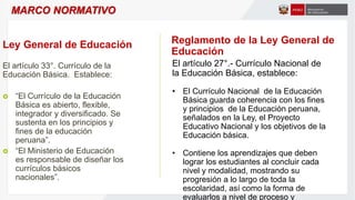 Ley General de Educación
El artículo 33°. Currículo de la
Educación Básica. Establece:
 “El Currículo de la Educación
Básica es abierto, flexible,
integrador y diversificado. Se
sustenta en los principios y
fines de la educación
peruana”.
 “El Ministerio de Educación
es responsable de diseñar los
currículos básicos
nacionales”.
MARCO NORMATIVO
El artículo 27°.- Currículo Nacional de
la Educación Básica, establece:
• El Currículo Nacional de la Educación
Básica guarda coherencia con los fines
y principios de la Educación peruana,
señalados en la Ley, el Proyecto
Educativo Nacional y los objetivos de la
Educación básica.
• Contiene los aprendizajes que deben
lograr los estudiantes al concluir cada
nivel y modalidad, mostrando su
progresión a lo largo de toda la
escolaridad, así como la forma de
evaluarlos a nivel de proceso y
Reglamento de la Ley General de
Educación
 