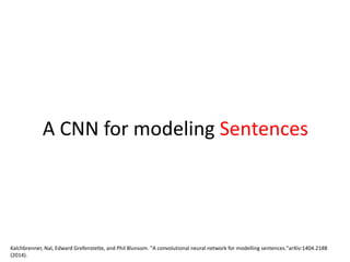 A CNN for modeling Sentences
Kalchbrenner, Nal, Edward Grefenstette, and Phil Blunsom. "A convolutional neural network for modelling sentences."arXiv:1404.2188
(2014).
 