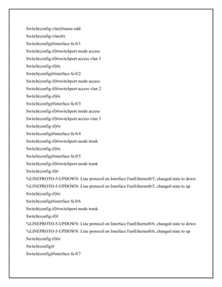Switch(config-vlan)#name odd
Switch(config-vlan)#e
Switch(config)#interface fa 0/1
Switch(config-if)#switchport mode access
Switch(config-if)#switchport access vlan 3
Switch(config-if)#e
Switch(config)#interface fa 0/2
Switch(config-if)#switchport mode access
Switch(config-if)#switchport access vlan 2
Switch(config-if)#e
Switch(config)#interface fa 0/3
Switch(config-if)#switchport mode access
Switch(config-if)#switchport access vlan 3
Switch(config-if)#e
Switch(config)#interface fa 0/4
Switch(config-if)#switchport mode trunk
Switch(config-if)#e
Switch(config)#interface fa 0/5
Switch(config-if)#switchport mode trunk
Switch(config-if)#
%LINEPROTO-5-UPDOWN: Line protocol on Interface FastEthernet0/5, changed state to down
%LINEPROTO-5-UPDOWN: Line protocol on Interface FastEthernet0/5, changed state to up
Switch(config-if)#e
Switch(config)#interface fa 0/6
Switch(config-if)#switchport mode trunk
Switch(config-if)#
%LINEPROTO-5-UPDOWN: Line protocol on Interface FastEthernet0/6, changed state to down
%LINEPROTO-5-UPDOWN: Line protocol on Interface FastEthernet0/6, changed state to up
Switch(config-if)#e
Switch(config)#
Switch(config)#interface fa 0/7
 
