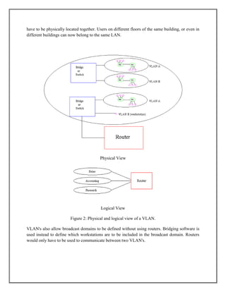 have to be physically located together. Users on different floors of the same building, or even in
different buildings can now belong to the same LAN.
Physical View
Logical View
Figure 2: Physical and logical view of a VLAN.
VLAN's also allow broadcast domains to be defined without using routers. Bridging software is
used instead to define which workstations are to be included in the broadcast domain. Routers
would only have to be used to communicate between two VLAN's.
 