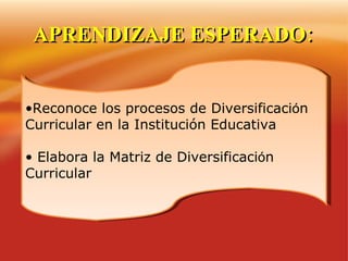 <ul><li>Reconoce los procesos de Diversificaci ó n Curricular en la Institución Educativa </li></ul><ul><li>Elabora la Mat...
