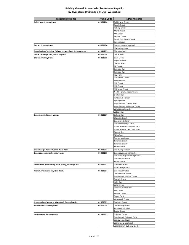 PA DCNR List of Publiclyowned Streambeds