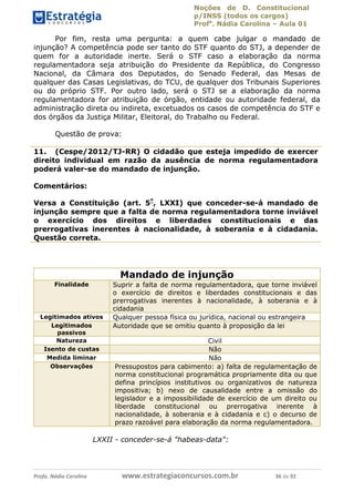 Noções de D. Constitucional 
p/INSS (todos os cargos) 
Profa. Nádia Carolina – Aula 01 
Por fim, resta uma pergunta: a quem cabe julgar o mandado de 
injunção? A competência pode ser tanto do STF quanto do STJ, a depender de 
quem for a autoridade inerte. Será o STF caso a elaboração da norma 
regulamentadora seja atribuição do Presidente da República, do Congresso 
Nacional, da Câmara dos Deputados, do Senado Federal, das Mesas de 
qualquer das Casas Legislativas, do TCU, de qualquer dos Tribunais Superiores 
ou do próprio STF. Por outro lado, será o STJ se a elaboração da norma 
regulamentadora for atribuição de órgão, entidade ou autoridade federal, da 
administração direta ou indireta, excetuados os casos de competência do STF e 
dos órgãos da Justiça Militar, Eleitoral, do Trabalho ou Federal. 
Questão de prova: 
11. (Cespe/2012/TJ-RR) O cidadão que esteja impedido de exercer 
direito individual em razão da ausência de norma regulamentadora 
poderá valer-se do mandado de injunção. 
Comentários: 
Versa a Constituição (art. 5º, LXXI) que conceder-se-á mandado de 
injunção sempre que a falta de norma regulamentadora torne inviável 
o exercício dos direitos e liberdades constitucionais e das 
prerrogativas inerentes à nacionalidade, à soberania e à cidadania. 
Questão correta. 
Mandado de injunção 
Finalidade Suprir a falta de norma regulamentadora, que torne inviável 
o exercício de direitos e liberdades constitucionais e das 
prerrogativas inerentes à nacionalidade, à soberania e à 
cidadania 
Legitimados ativos Qualquer pessoa física ou jurídica, nacional ou estrangeira 
Legitimados 
passivos 
Autoridade que se omitiu quanto à proposição da lei 
Natureza 96411120900 
Civil 
Isento de custas Não 
Medida liminar Não 
Observações Pressupostos para cabimento: a) falta de regulamentação de 
norma constitucional programática propriamente dita ou que 
defina princípios institutivos ou organizativos de natureza 
impositiva; b) nexo de causalidade entre a omissão do 
legislador e a impossibilidade de exercício de um direito ou 
liberdade constitucional ou prerrogativa inerente à 
nacionalidade, à soberania e à cidadania e c) o decurso de 
prazo razoável para elaboração da norma regulamentadora. 
LXXII - conceder-se-á "habeas-data": 
Profa. Nádia Carolina www.estrategiaconcursos.com.br 36 de 92 
 