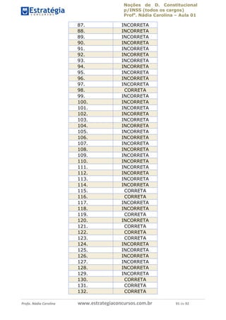 Noções de D. Constitucional 
p/INSS (todos os cargos) 
Profa. Nádia Carolina – Aula 01 
87. INCORRETA 
88. INCORRETA 
89. INCORRETA 
90. INCORRETA 
91. INCORRETA 
92. INCORRETA 
93. INCORRETA 
94. INCORRETA 
95. INCORRETA 
96. INCORRETA 
97. INCORRETA 
98. CORRETA 
99. INCORRETA 
100. INCORRETA 
101. INCORRETA 
102. INCORRETA 
103. INCORRETA 
104. INCORRETA 
105. INCORRETA 
106. INCORRETA 
107. INCORRETA 
108. INCORRETA 
109. INCORRETA 
110. INCORRETA 
111. INCORRETA 
112. INCORRETA 
113. INCORRETA 
114. INCORRETA 
115. CORRETA 
116. CORRETA 
117. INCORRETA 
118. INCORRETA 
119. CORRETA 
96411120900 
120. INCORRETA 
121. CORRETA 
122. CORRETA 
123. CORRETA 
124. INCORRETA 
125. INCORRETA 
126. INCORRETA 
127. INCORRETA 
128. INCORRETA 
129. INCORRETA 
130. CORRETA 
131. CORRETA 
132. CORRETA 
Profa. Nádia Carolina www.estrategiaconcursos.com.br 91 de 92 
 