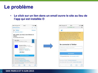 27
SMX PARIS 8 ET 9 JUIN 2015
Le problème
• Le click sur un lien dans un email ouvre le site au lieu de
l’app qui est installée 
 