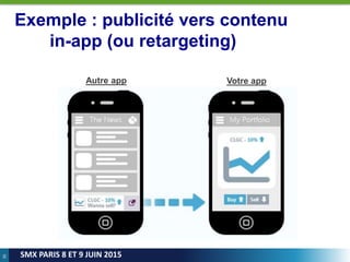 30
SMX PARIS 8 ET 9 JUIN 2015
Exemple : publicité vers contenu
in-app (ou retargeting)
Votre appAutre app
 
