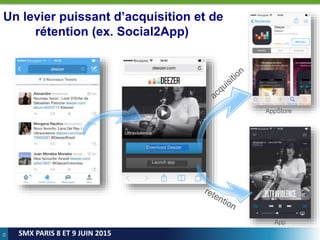 33
SMX PARIS 8 ET 9 JUIN 2015
Un levier puissant d’acquisition et de
rétention (ex. Social2App)
AppStore
App
Download Deezer
Launch app
INSTALL
 