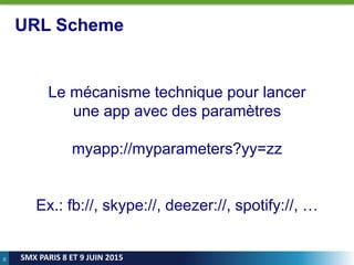 36
SMX PARIS 8 ET 9 JUIN 2015
URL Scheme
Le mécanisme technique pour lancer
une app avec des paramètres
myapp://myparameters?yy=zz
Ex.: fb://, skype://, deezer://, spotify://, …
 