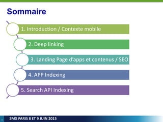 4
SMX PARIS 8 ET 9 JUIN 2015
Sommaire
1. Introduction / Contexte mobile
2. Deep linking
3. Landing Page d’apps et contenus / SEO
4. APP Indexing
5. Search API Indexing
 