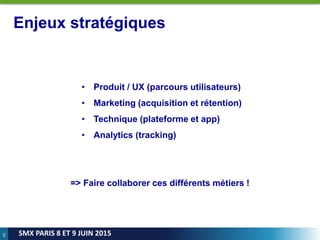 45
SMX PARIS 8 ET 9 JUIN 2015
Enjeux stratégiques
• Produit / UX (parcours utilisateurs)
• Marketing (acquisition et rétention)
• Technique (plateforme et app)
• Analytics (tracking)
=> Faire collaborer ces différents métiers !
 