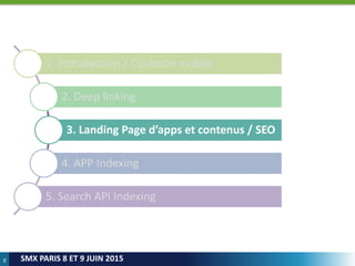 46
SMX PARIS 8 ET 9 JUIN 2015
1. Introduction / Contexte mobile
2. Deep linking
3. Landing Page d’apps et contenus / SEO
4. APP Indexing
5. Search API Indexing
 