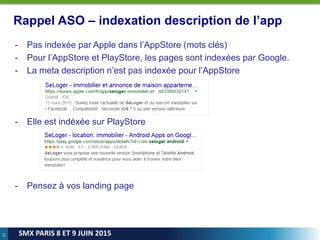 47
SMX PARIS 8 ET 9 JUIN 2015
Rappel ASO – indexation description de l’app
- Pas indexée par Apple dans l’AppStore (mots clés)
- Pour l’AppStore et PlayStore, les pages sont indexées par Google.
- La meta description n’est pas indexée pour l’AppStore
- Elle est indéxée sur PlayStore
- Pensez à vos landing page
 