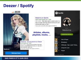 54
SMX PARIS 8 ET 9 JUIN 2015
Deezer / Spotify
Artistes, albums,
playlists, tracks, …
 