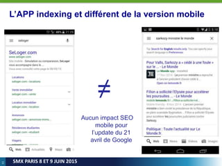 61
SMX PARIS 8 ET 9 JUIN 2015
L’APP indexing et différent de la version mobile
Aucun impact SEO
mobile pour
l’update du 21
avril de Google
≠
 