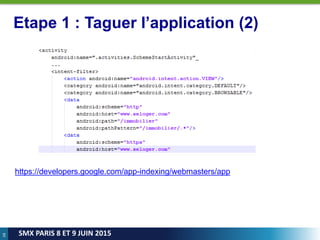 68
SMX PARIS 8 ET 9 JUIN 2015
Etape 1 : Taguer l’application (2)
https://developers.google.com/app-indexing/webmasters/app
 