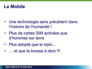 8
SMX PARIS 8 ET 9 JUIN 2015
Le Mobile
• Une technologie sans précédent dans
l’histoire de l’humanité !
• Plus de cartes SIM activées que
d’hommes sur terre
• Plus adopté que le stylo…
• … et que la brosse à dent !!!
 