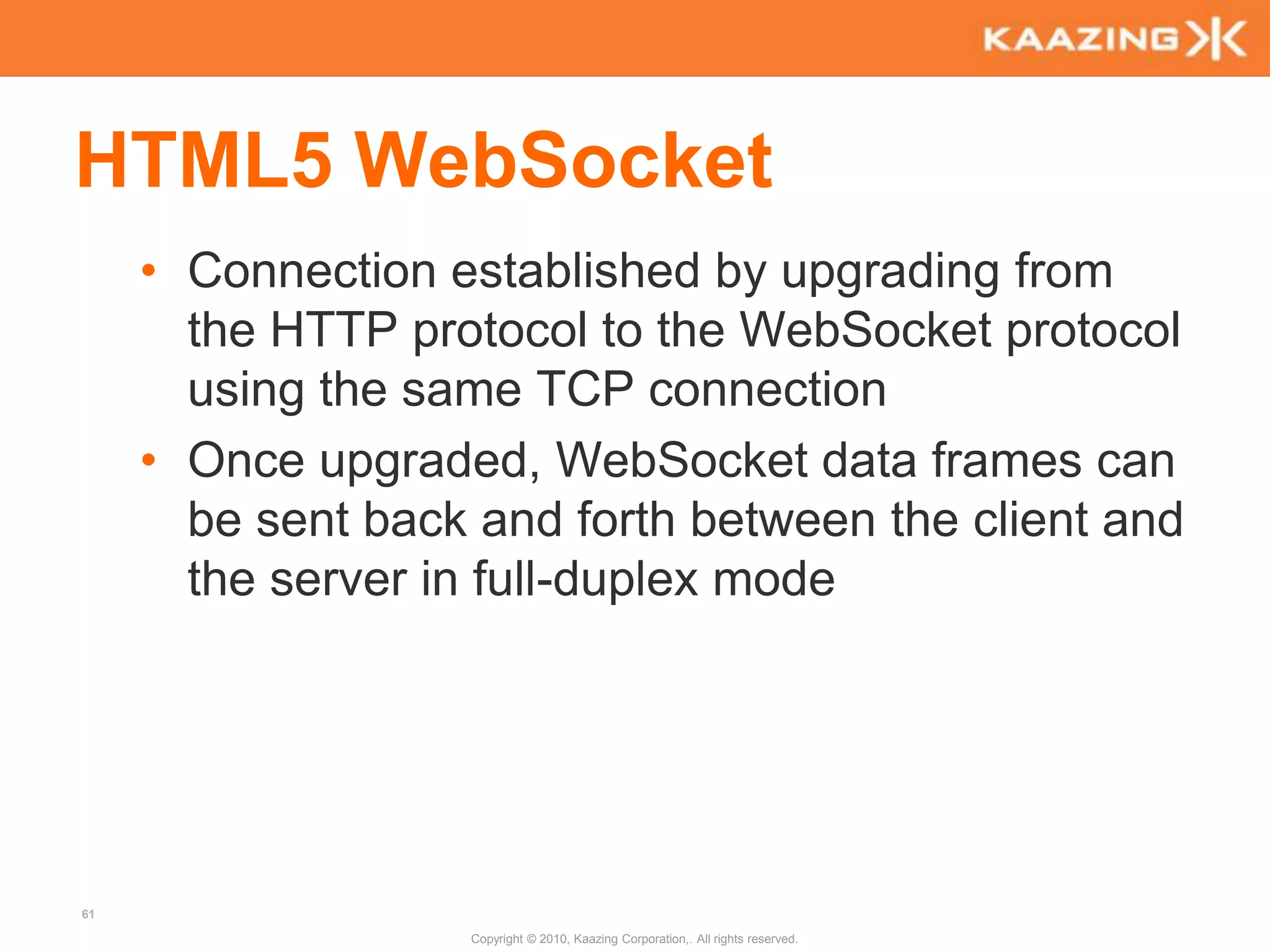 JavaScript//Check if Web Workers are supportedif (typeof(Worker) !== "undefined") { document.getElementById("support").innerHTML = “Your browser supports HTML5 Web Workers";}//Create a new worker//The URL for the JavaScript file can be a relative or //absolute URL with the same origin //(the same scheme, host, and port) as the main pageworker = new Worker("echoWorker.js");//to load additional JavaScriptimportScripts("helper.js, "anotherHelper.js");Copyright © 2010, Kaazing Corporation,. All rights reserved.