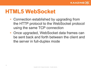 JavaScript//Check if Web Workers are supportedif (typeof(Worker) !== "undefined") {    document.getElementById("support").innerHTML =          “Your browser supports HTML5 Web Workers";}//Create a new worker//The URL for the JavaScript file can be a relative or //absolute URL with the same origin //(the same scheme, host, and port) as the main pageworker = new Worker("echoWorker.js");//to load additional JavaScriptimportScripts("helper.js, "anotherHelper.js");Copyright © 2010, Kaazing Corporation,. All rights reserved.