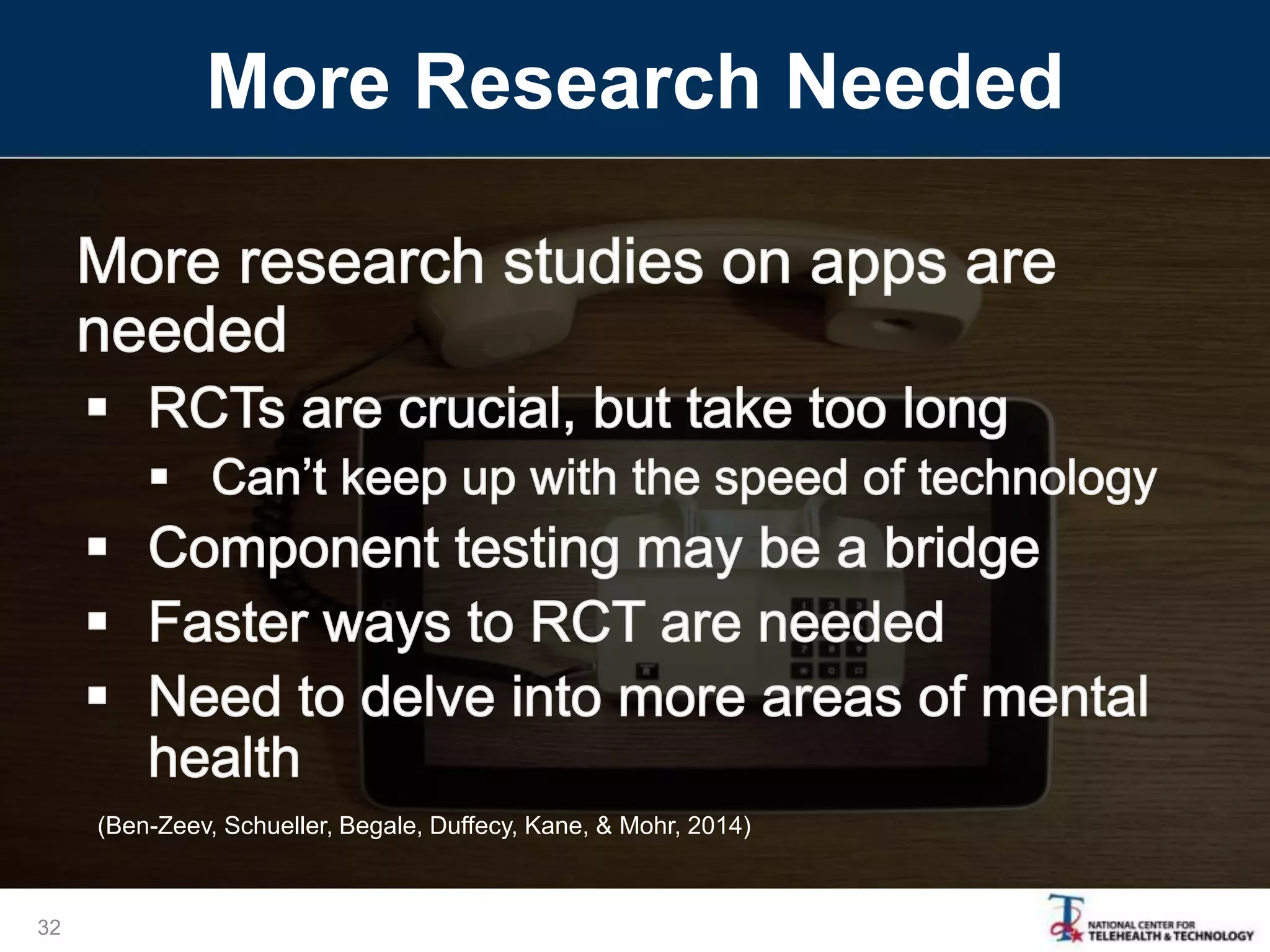 More Research Needed
32
(Ben-Zeev, Schueller, Begale, Duffecy, Kane, & Mohr, 2014)
 