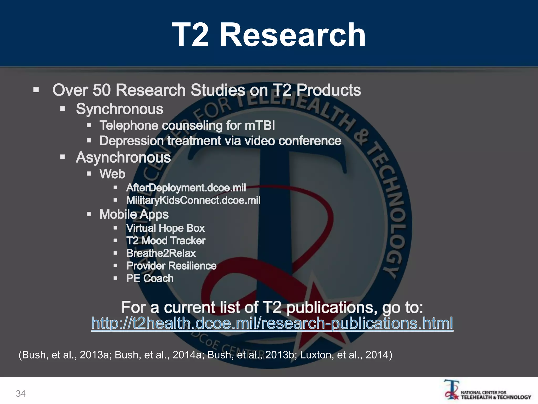 T2 Research
34
(Bush, et al., 2013a; Bush, et al., 2014a; Bush, et al., 2013b; Luxton, et al., 2014)
 