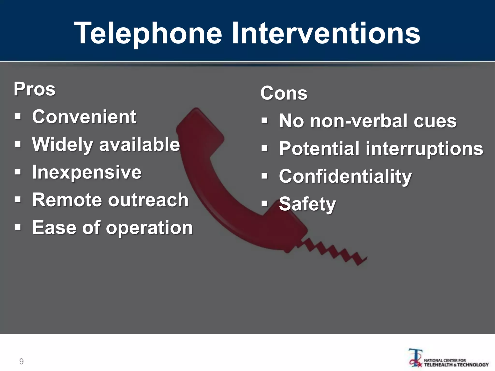 Telephone Interventions
Cons
 No non-verbal cues
 Potential interruptions
 Confidentiality
 Safety
9
Pros
 Convenient
 Widely available
 Inexpensive
 Remote outreach
 Ease of operation
 