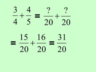 5
4
4
3
 =
20
?
20
?

=
20
16
20
15
 =
20
31
 