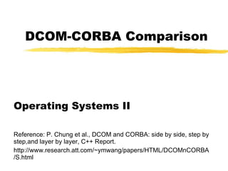 DCOM-CORBA Comparison Operating Systems II Reference: P. Chung et al., DCOM and CORBA: side by side, step by step,and layer by layer, C++ Report. http://www.research.att.com/~ymwang/papers/HTML/DCOMnCORBA/S.html 
