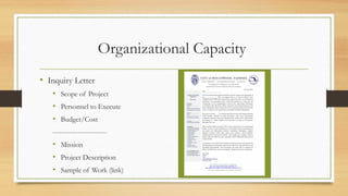 Organizational Capacity
• Inquiry Letter
• Scope of Project
• Personnel to Execute
• Budget/Cost
------------------------
• Mission
• Project Description
• Sample of Work (link)
 
