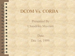 DCOM Vs. CORBA

    Presented By
  Chandrika Mavram

        Date
    Dec 1st, 1999.
 