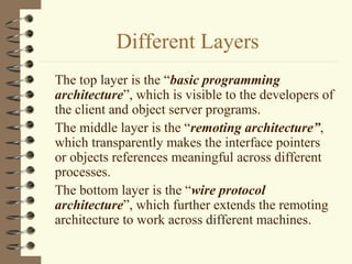 Different Layers
The top layer is the “basic programming
architecture”, which is visible to the developers of
the client and object server programs.
The middle layer is the “remoting architecture”,
which transparently makes the interface pointers
or objects references meaningful across different
processes.
The bottom layer is the “wire protocol
architecture”, which further extends the remoting
architecture to work across different machines.
 