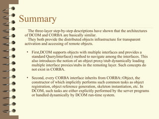 Summary
   The three-layer step-by-step descriptions have shown that the architectures
 of DCOM and CORBA are basically similar.
   They both provide the distributed objects infrastructure for transparent
 activation and accessing of remote objects.

  • First,DCOM supports objects with multiple interfaces and provides a
    standard QueryInterface() method to navigate among the interfaces. This
    also introduces the notion of an object proxy/stub dynamically loading
    multiple interface proxies/stubs in the remoting layer. Such concepts do
    not exist in CORBA.

  • Second, every CORBA interface inherits from CORBA::Object, the
    constructor of which implicitly performs such common tasks as object
    registration, object reference generation, skeleton instantiation, etc. In
    DCOM, such tasks are either explicitly performed by the server programs
    or handled dynamically by DCOM run-time system.
 