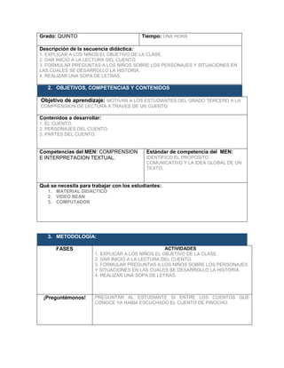 Grado: QUINTO Tiempo: UNA HORA
Descripción de la secuencia didáctica:
1. EXPLICAR A LOS NIÑOS EL OBJETIVO DE LA CLASE.
2. DAR INICIO A LA LECTURA DEL CUENTO.
3. FORMULAR PREGUNTAS A LOS NIÑOS SOBRE LOS PERSONAJES Y SITUACIONES EN
LAS CUALES SE DESARROLLO LA HISTORIA.
4 .REALIZAR UNA SOPA DE LETRAS.
2. OBJETIVOS, COMPETENCIAS Y CONTENIDOS
Objetivo de aprendizaje: MOTIVAR A LOS ESTUDIANTES DEL GRADO TERCERO A LA
COMPRENSION DE LECTURA A TRAVES DE UN CUENTO.
Contenidos a desarrollar:
1. EL CUENTO.
2. PERSONAJES DEL CUENTO.
3. PARTES DEL CUENTO.
Competencias del MEN: COMPRENSION
E INTERPRETACION TEXTUAL.
Estándar de competencia del MEN:
IDENTIFICO EL PROPOSITO
COMUNICATIVO Y LA IDEA GLOBAL DE UN
TEXTO.
Qué se necesita para trabajar con los estudiantes:
1. MATERIAL DIDACTICO
2. VIDEO BEAN
3. COMPUTADOR
3. METODOLOGÍA:
FASES ACTIVIDADES
1. EXPLICAR A LOS NIÑOS EL OBJETIVO DE LA CLASE.
2. DAR INICIO A LA LECTURA DEL CUENTO.
3. FORMULAR PREGUNTAS A LOS NIÑOS SOBRE LOS PERSONAJES
Y SITUACIONES EN LAS CUALES SE DESARROLLO LA HISTORIA.
4. REALIZAR UNA SOPA DE LETRAS.
¡Preguntémonos! PREGUNTAR AL ESTUDIANTE SI ENTRE LOS CUENTOS QUE
CONOCE YA HABIA ESCUCHADO EL CUENTO DE PINOCHO.
 