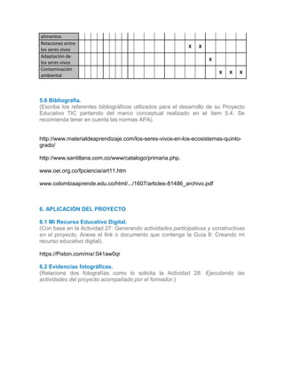 alimentos
Relaciones entre
los seres vivos
X X
Adaptación de
los seres vivos
X
Contaminación
ambiental
X X X
5.6 Bibliografía.
(Escriba los referentes bibliográficos utilizados para el desarrollo de su Proyecto
Educativo TIC partiendo del marco conceptual realizado en el ítem 5.4. Se
recomienda tener en cuenta las normas APA).
http://www.materialdeaprendizaje.com/los-seres-vivos-en-los-ecosistemas-quinto-
grado/
http://www.santillana.com.co/www/catalogo/primaria.php.
www.oei.org.co/fpciencia/art11.htm
www.colombiaaprende.edu.co/html/.../1607/articles-81486_archivo.pdf
5.6
6. APLICACIÓN DEL PROYECTO
6.1 Mi Recurso Educativo Digital.
(Con base en la Actividad 27: Generando actividades participativas y constructivas
en el proyecto. Anexe el link o documento que contenga la Guía 8: Creando mi
recurso educativo digital).
https://Pixton.com/mx/:041aw0qr
6.2 Evidencias fotográficas.
(Relacione dos fotografías como lo solicita la Actividad 28: Ejecutando las
actividades del proyecto acompañado por el formador.)
6.
6.1
 