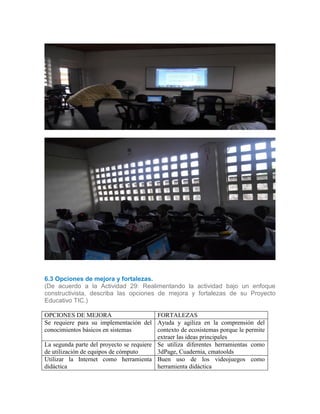 6.2
Foto 1
(Panorámica)
Foto
6.3 Opciones de mejora y fortalezas.
(De acuerdo a la Actividad 29: Realimentando la actividad bajo un enfoque
constructivista, describa las opciones de mejora y fortalezas de su Proyecto
Educativo TIC.)
OPCIONES DE MEJORA FORTALEZAS
Se requiere para su implementación del
conocimientos básicos en sistemas
Ayuda y agiliza en la comprensión del
contexto de ecosistemas porque le permite
extraer las ideas principales
La segunda parte del proyecto se requiere
de utilización de equipos de cómputo
Se utiliza diferentes herramientas como
3dPage, Cuadernia, cmatoolds
Utilizar la Internet como herramienta
didáctica
Buen uso de los videojuegos como
herramienta didáctica
 
