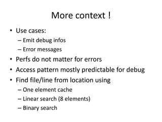 More context !
• Use cases:
– Emit debug infos
– Error messages
• Perfs do not matter for errors
• Access pattern mostly p...