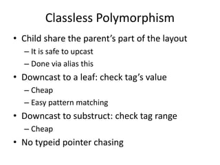Classless Polymorphism
• Child share the parent’s part of the layout
– It is safe to upcast
– Done via alias this
• Downca...