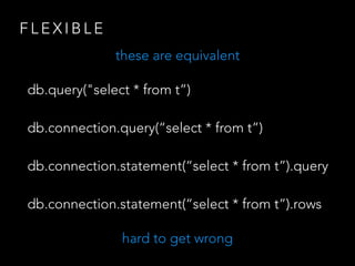 F L E X I B L E
db.query("select * from t”)
db.connection.query(“select * from t”)
db.connection.statement(“select * from t”).query
db.connection.statement(“select * from t”).rows
these are equivalent
hard to get wrong
 