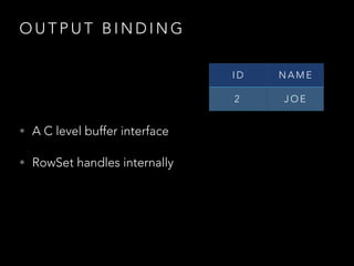 O U T P U T B I N D I N G
• A C level buffer interface
• RowSet handles internally
I D N A M E
2 J O E
 