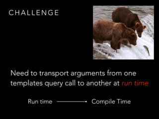 C H A L L E N G E
Need to transport arguments from one
templates query call to another at run time
Run time Compile Time
 