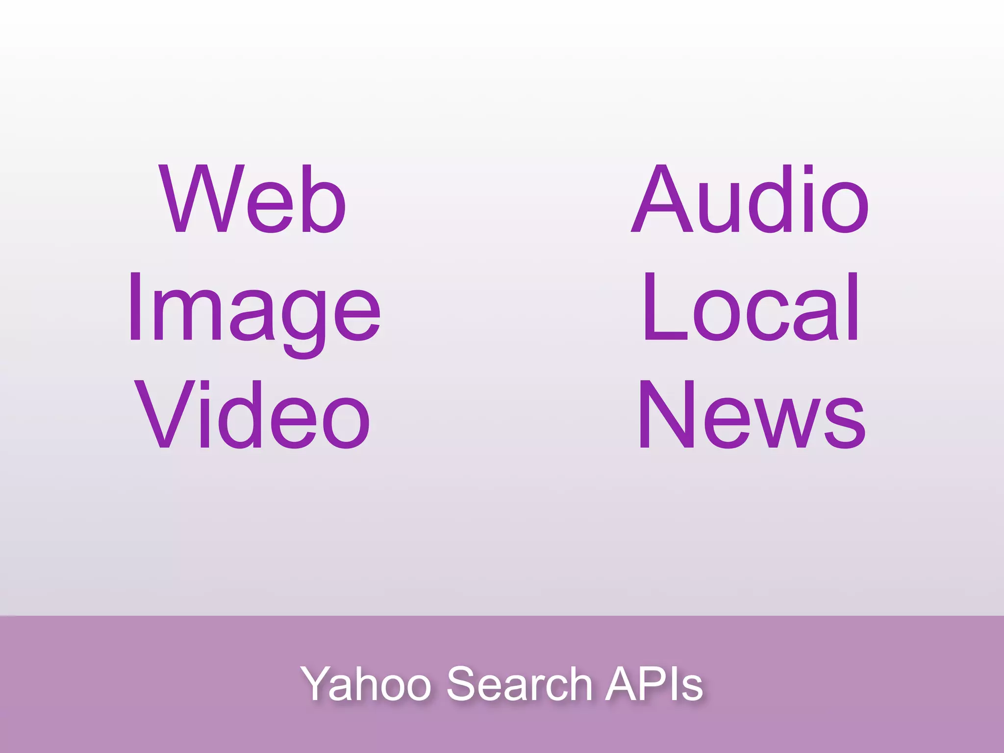 Web            Audio
Image           Local
Video           News

   Yahoo Search APIs
 