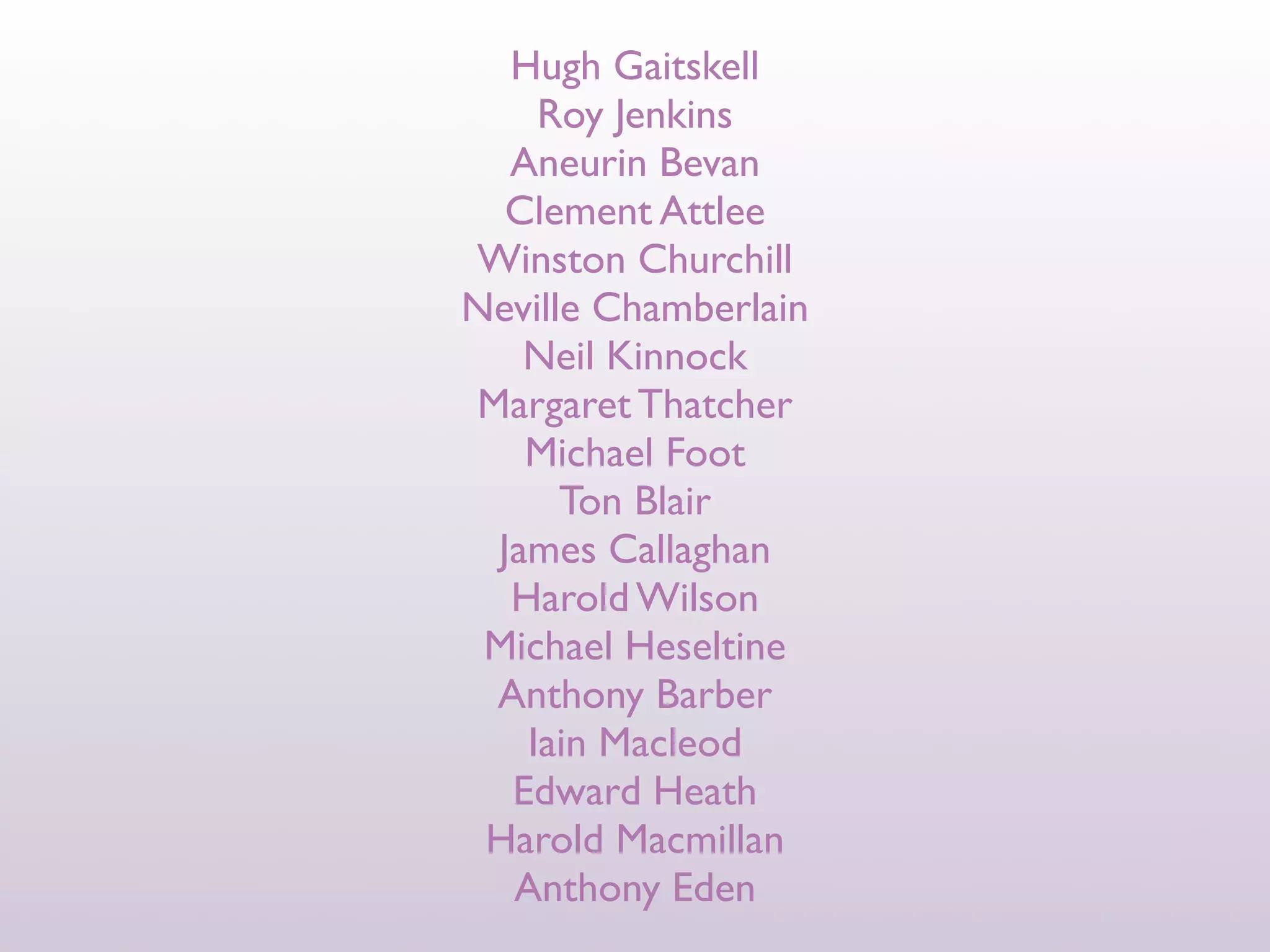 Hugh Gaitskell
    Roy Jenkins
  Aneurin Bevan
  Clement Attlee
Winston Churchill
Neville Chamberlain
   Neil Kinnock
Margaret Thatcher
   Michael Foot
      Ton Blair
 James Callaghan
  Harold Wilson
 Michael Heseltine
 Anthony Barber
   Iain Macleod
  Edward Heath
 Harold Macmillan
  Anthony Eden
 