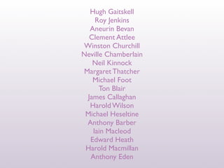Hugh Gaitskell
    Roy Jenkins
  Aneurin Bevan
  Clement Attlee
Winston Churchill
Neville Chamberlain
   Neil Kinnock
Margaret Thatcher
   Michael Foot
      Ton Blair
 James Callaghan
  Harold Wilson
 Michael Heseltine
 Anthony Barber
   Iain Macleod
  Edward Heath
 Harold Macmillan
  Anthony Eden
 