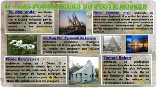 Ta dao Ando: architecte
japonais contemporain, né en
1941 a Osaka, influencé par le
Corbusier. Il utilise le béton
armée et les ouvertures
horizontales.
Venturi, Robert
architecte et professeur
américain, l'un des théoriciens de
l'architecture les plus influents
de la fin du XXe siècle. On lui
doit l'initiative, dans les années
soixante, de la critique de
l'architecture moderne
Piano Renzo (1937)
architecte italien, né à Gênes. Il a
construitJean-Marie-Tjibaou qui est un
complexe de dix bâtiments high-tech de
bois en forme de huttes célébrant la
culture kanak. est situé près de Nouméa
(Nouvelle-Calédonie) et a été inauguré
Foster Norman (1935), architecte du
mouvement high-tech. Il a réalisé les plans du
Carré d'art complexe culturel conçu autour d'un
atrium de verre, combinant des plans simples et
des matériaux contemporains qui laissent
parfois transparaître la structure métallique du
bâtiment.
Ieo Ming Pie : Pyramide de Louvre
architecte américain, d’origine
japonaise est d’une grande clarté, l’idee
du musée est proposer par lui,une
grande pyramide centrale
 