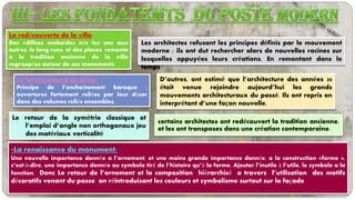 La redécouverte de la ville:
Des édifices enchaîdes nés les uns aux
autres, le long rues, et des places, remonte
a la tradition ancienne de la ville
regroupées autour de ses monuments.
-La renaissance du monument:
Une nouvelle importance donnée a l’ornement, et une moins grande importance donnée, a la construction «forme »,
c’est-à-dire, une importance donnée au symbole tiré de l’histoire qu’à la forme. Ajouter l’inutile à l’utile, le symbole a la
fonction. Donc Le retour de l’ornement et la composition hiérarchisé a travers l’utilisation des motifs
décoratifs venant du passe on réintroduisant les couleurs et symbolisme surtout sur la façade
Le foisonnement du décor:
Principe de l’enchaînement baroque ;
ouvertures fortement reliées par leur décor
dans des volumes reliés ensembles.
certains architectes ont redécouvert la tradition ancienne,
et les ont transposes dans une création contemporaine.
D’autres, ont estimé que l’architecture des années 30
était venue rejoindre aujourd’hui les grands
mouvements architecturaux du passé. Ils ont repris en
interprétant d’une façon nouvelle,
Les architectes refusant les principes définis par le mouvement
moderne ; ils ont dut rechercher alors de nouvelles racines sur
lesquelles appuyées leurs créations. En remontant dans le
temps
Le retour de la symétrie classique et
l’emploi d’angle non orthogonaux jeu
des matériaux verticalité
 