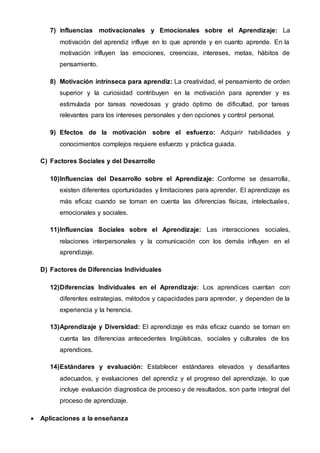 7) Influencias motivacionales y Emocionales sobre el Aprendizaje: La
motivación del aprendiz influye en lo que aprende y en cuanto aprende. En la
motivación influyen las emociones, creencias, intereses, metas, hábitos de
pensamiento.
8) Motivación intrínseca para aprendiz: La creatividad, el pensamiento de orden
superior y la curiosidad contribuyen en la motivación para aprender y es
estimulada por tareas novedosas y grado óptimo de dificultad, por tareas
relevantes para los intereses personales y den opciones y control personal.
9) Efectos de la motivación sobre el esfuerzo: Adquirir habilidades y
conocimientos complejos requiere esfuerzo y práctica guiada.
C) Factores Sociales y del Desarrollo
10)Influencias del Desarrollo sobre el Aprendizaje: Conforme se desarrolla,
existen diferentes oportunidades y limitaciones para aprender. El aprendizaje es
más eficaz cuando se toman en cuenta las diferencias físicas, intelectuales,
emocionales y sociales.
11)Influencias Sociales sobre el Aprendizaje: Las interacciones sociales,
relaciones interpersonales y la comunicación con los demás influyen en el
aprendizaje.
D) Factores de Diferencias Individuales
12)Diferencias Individuales en el Aprendizaje: Los aprendices cuentan con
diferentes estrategias, métodos y capacidades para aprender, y dependen de la
experiencia y la herencia.
13)Aprendizaje y Diversidad: El aprendizaje es más eficaz cuando se toman en
cuenta las diferencias antecedentes lingüísticas, sociales y culturales de los
aprendices.
14)Estándares y evaluación: Establecer estándares elevados y desafiantes
adecuados, y evaluaciones del aprendiz y el progreso del aprendizaje, lo que
incluye evaluación diagnostica de proceso y de resultados, son parte integral del
proceso de aprendizaje.
 Aplicaciones a la enseñanza
 
